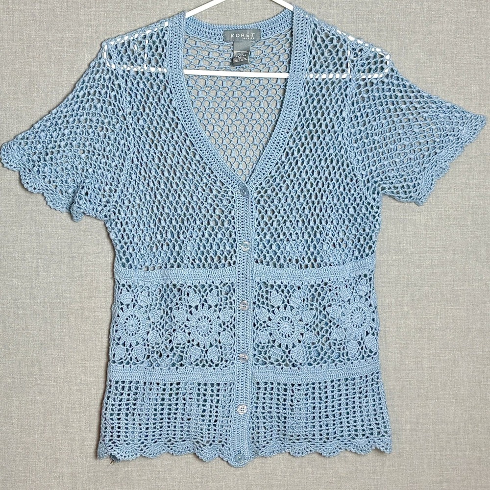 Vintage 90's Koret Petite Dusty Blue Open Knit Cardigan Cottagecore Y2K Sz PM